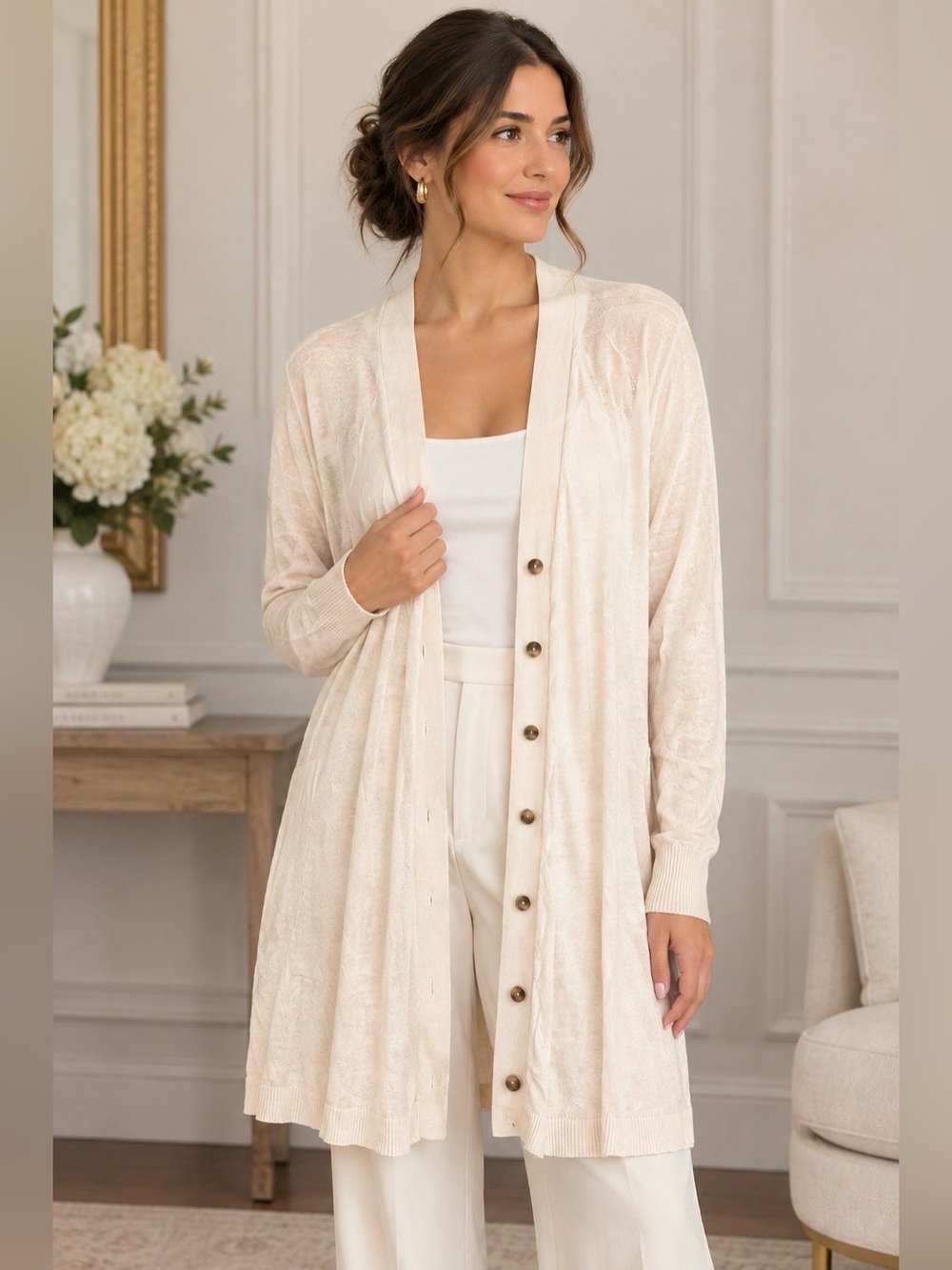 MaxMara cream silk cotton long cardigan light sweater quiet luxury minimalist XL